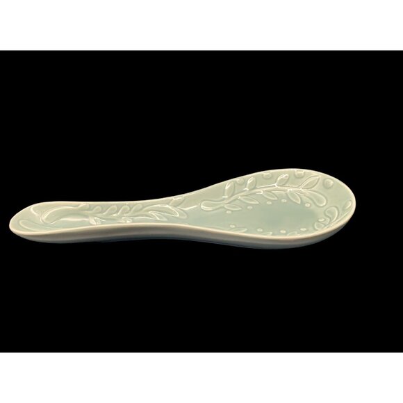 Celadon Muted Gray Green Raised Leaf Design Ceramic Spoon Rest 'Sheffield Home' - Picture 3 of 7